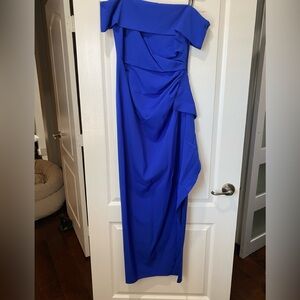 open lace back dress Evelina Scuba Crepe Drape Back High Neck Floor Length Dress Navy / 10